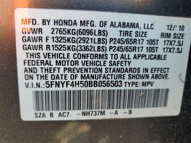 5FNYF4H50BB056503 - 2011 HONDA PILOT EXL GRAY photo 13
