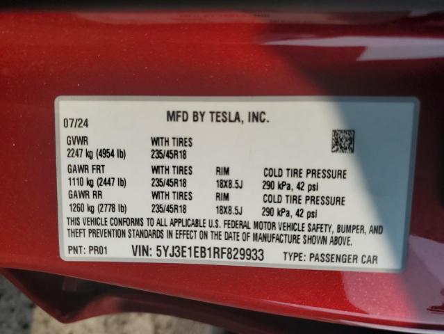 5YJ3E1EB1RF829933 - 2024 TESLA MODEL 3 Rojo foto 12