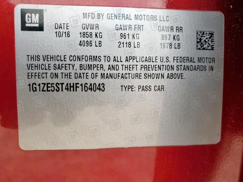 1G1ZE5ST4HF164043 - 2017 CHEVROLET MALIBU LT 红色 照片 12