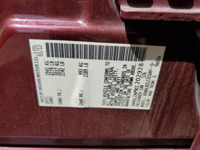 1N4AL2AP9CC202928 - 2012 NISSAN ALTIMA BASE Rojo foto 12