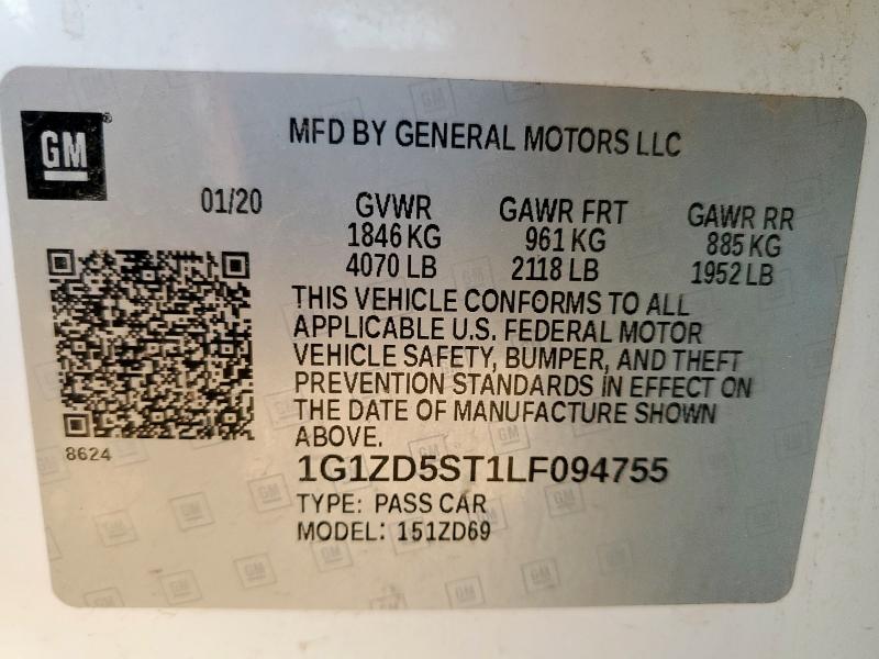 1G1ZD5ST1LF094755 - 2020 CHEVROLET MALIBU LT WHITE photo 12