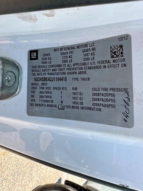 1GCHSBEA2J1194410 - 2018 CHEVROLET COLORADO 白色 照片 10