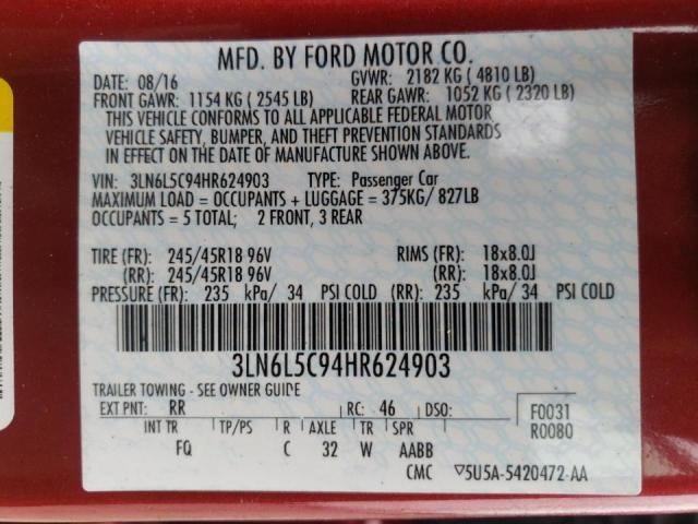 3LN6L5C94HR624903 - 2017 LINCOLN MKZ SELECT RED photo 10