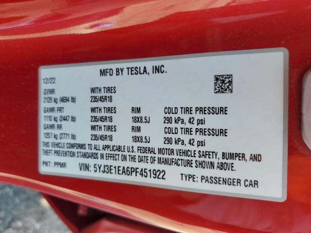 5YJ3E1EA6PF451922 - 2023 TESLA MODEL 3 Qırmızı foto 12