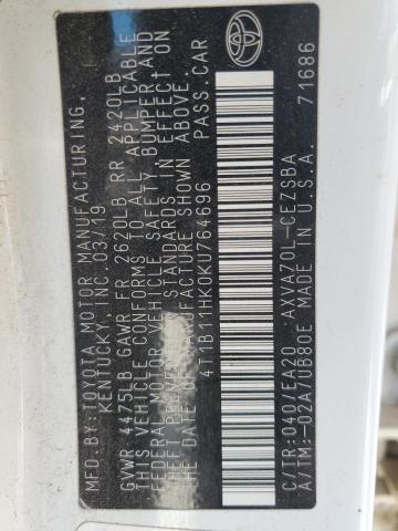 4T1B11HK0KU764696 - 2019 TOYOTA CAMRY L WHITE photo 12