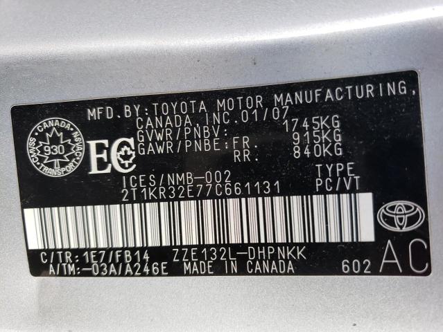 2T1KR32E77C661131 - 2007 TOYOTA COROLLA MA XR SILVER photo 13
