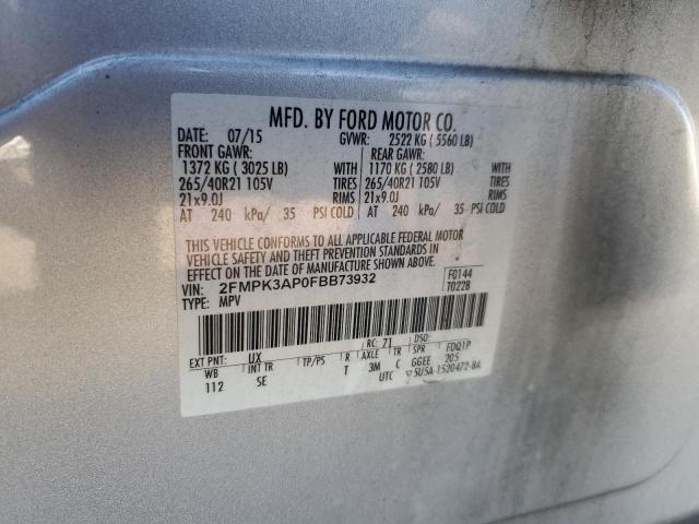 2FMPK3AP0FBB73932 - 2015 FORD EDGE SPORT SILVER photo 12