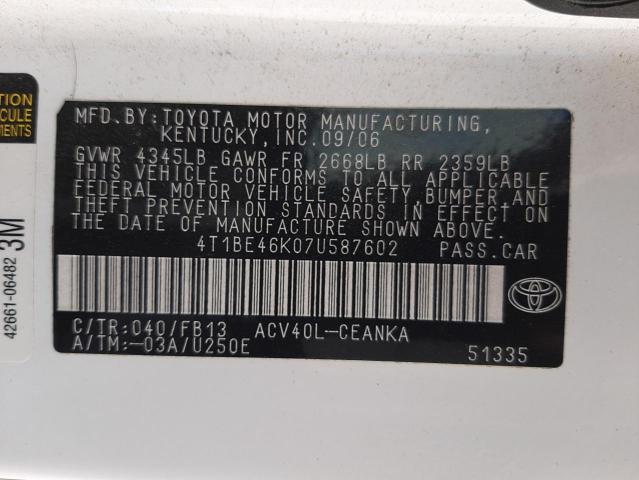 4T1BE46K07U587602 - 2007 TOYOTA CAMRY CE WHITE photo 12