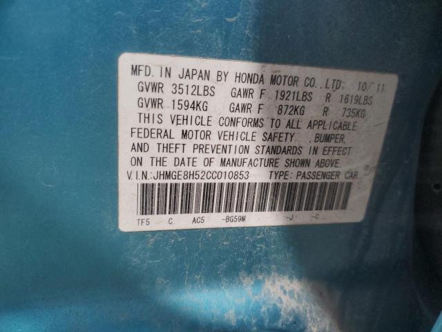 JHMGE8H52CC010853 - 2012 HONDA FIT SPORT BLUE photo 13