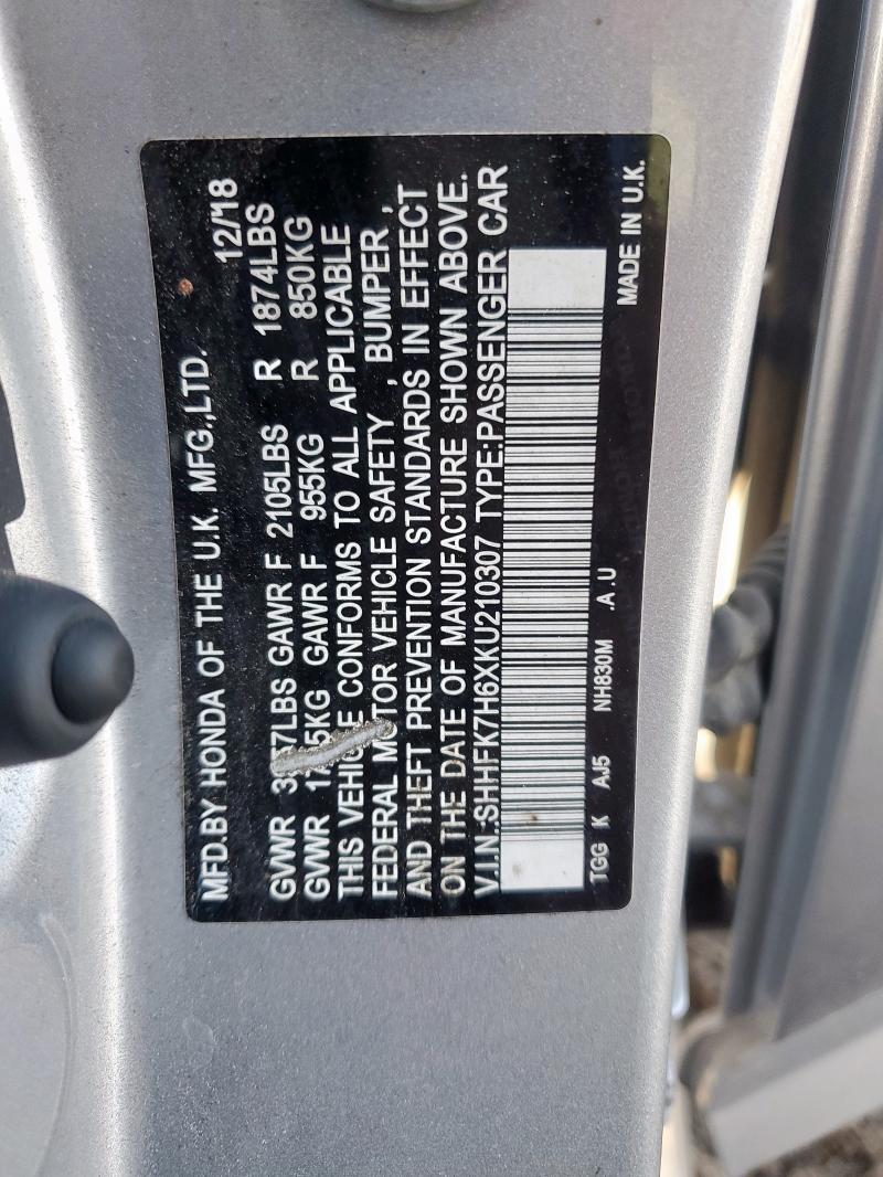 SHHFK7H6XKU210307 - 2019 HONDA CIVIC EX Gümüş foto 13