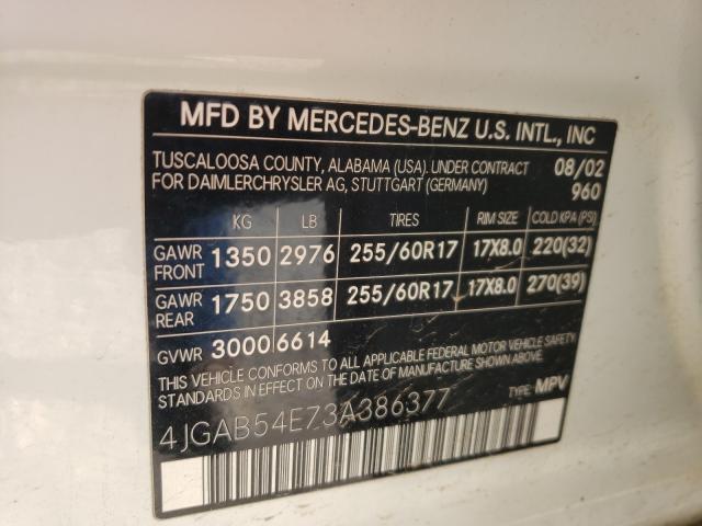 4JGAB54E73A386377 - 2003 MERCEDES-BENZ ML 350 320 WHITE photo 10