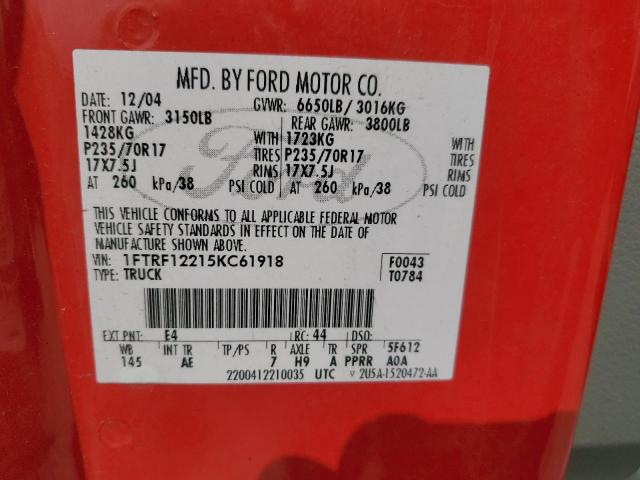 1FTRF12215KC61918 - 2005 FORD F150 RED photo 13