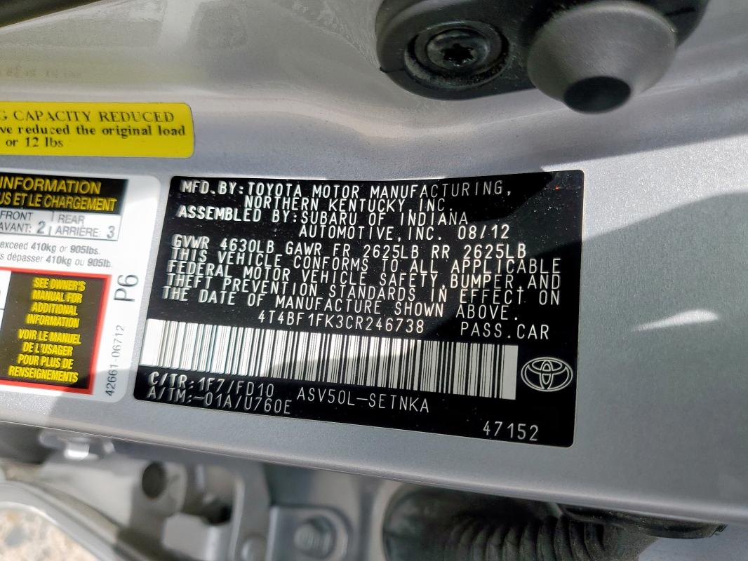 4T4BF1FK3CR246738 - 2012 TOYOTA CAMRY BASE Gümüş foto 12