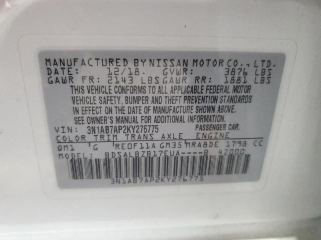 3N1AB7AP2KY276775 - 2019 NISSAN SENTRA S 白色 照片 12