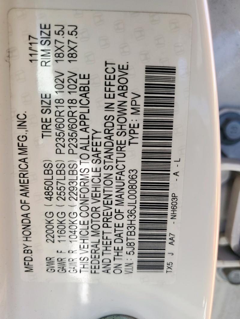 5J8TB3H36JL008063 - 2018 ACURA RDX WHITE photo 13