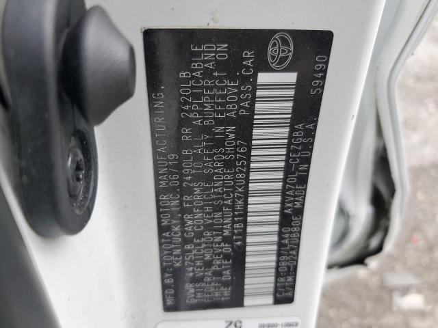 4T1B11HK7KU825767 - 2019 TOYOTA CAMRY L WHITE photo 12