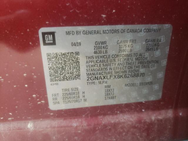 2GNAXLEX8K6268870 - 2019 CHEVROLET EQUINOX LT RED photo 13