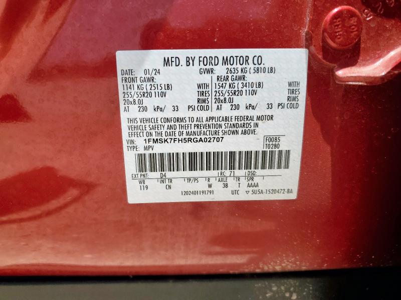 1FMSK7FH5RGA02707 - 2024 FORD EXPLORER LIMITED RED photo 13