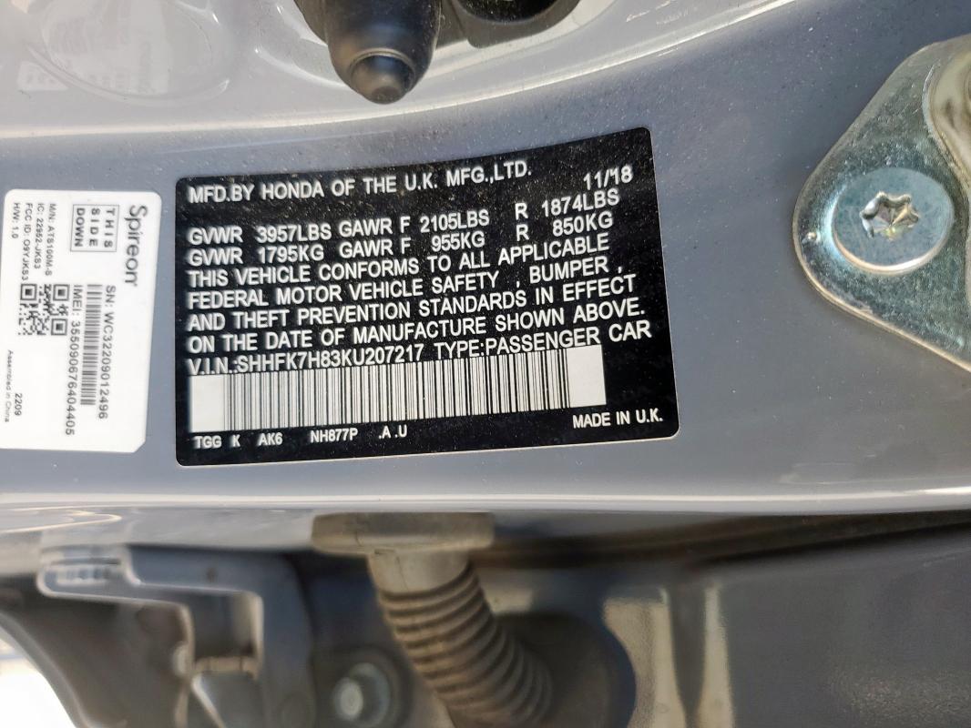 SHHFK7H83KU207217 - 2019 HONDA CIVIC EXL Gris photo 12