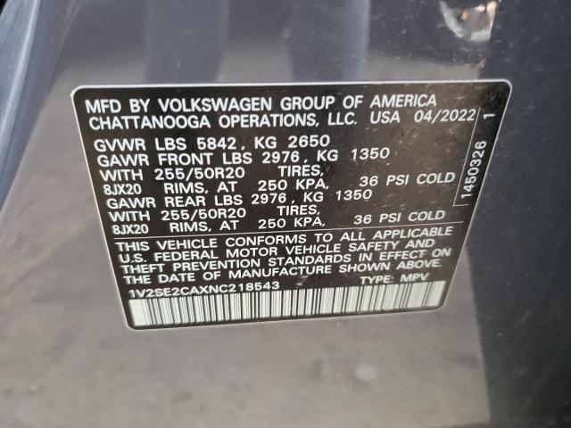 1V2SE2CAXNC218543 - 2022 VOLKSWAGEN ATLAS CROS SEL R-LINE GRAY photo 13