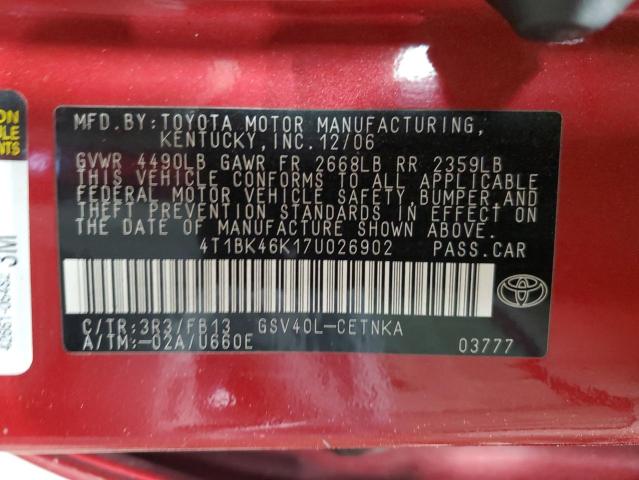 4T1BK46K17U026902 - 2007 TOYOTA CAMRY LE RED photo 12