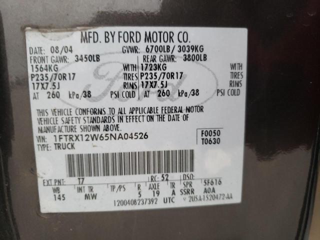 1FTRX12W65NA04526 - 2005 FORD F-150 BROWN photo 12