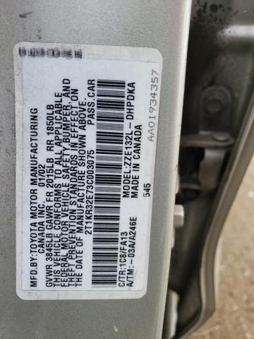 2T1KR32E73C003075 - 2003 TOYOTA COROLLA MA XR SILVER photo 12