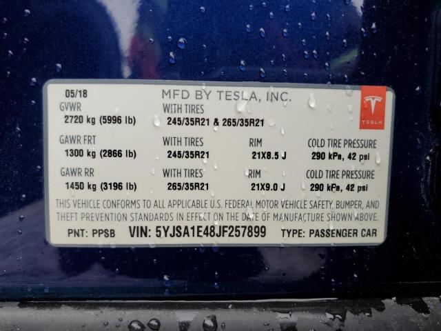 5YJSA1E48JF257899 - 2018 TESLA MODEL S ლურჯი ფოტო 13