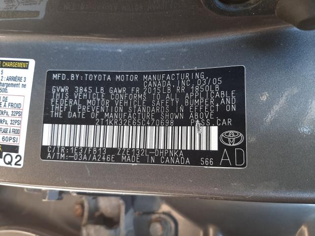 2T1KR32E65C470698 - 2005 TOYOTA COROLLA MA XR GRAY photo 10