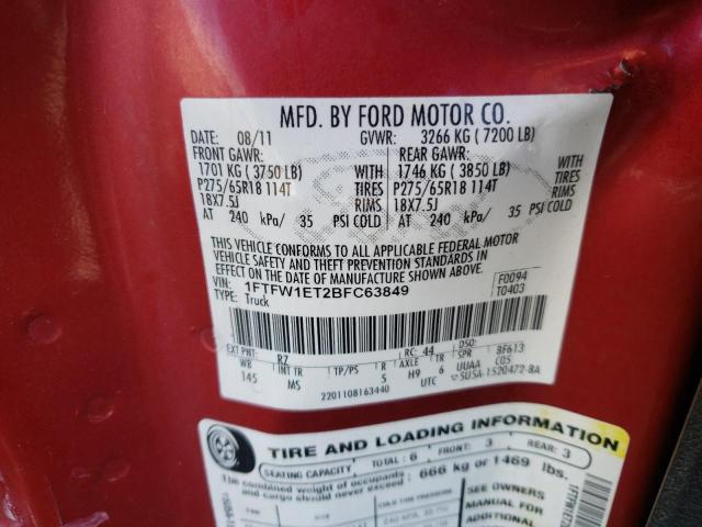 1FTFW1ET2BFC63849 - 2011 FORD F150 XLT SUPERCREW RED photo 10