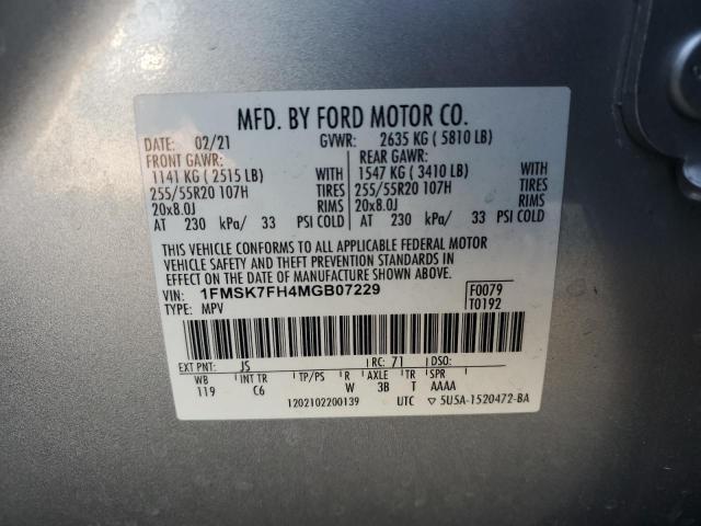 1FMSK7FH4MGB07229 - 2021 FORD EXPLORER LIMITED SILVER photo 13