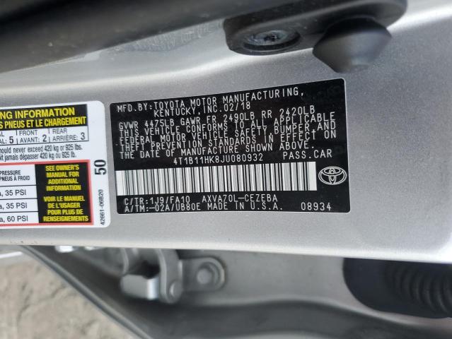 4T1B11HK8JU080932 - 2018 TOYOTA CAMRY L SILVER photo 12