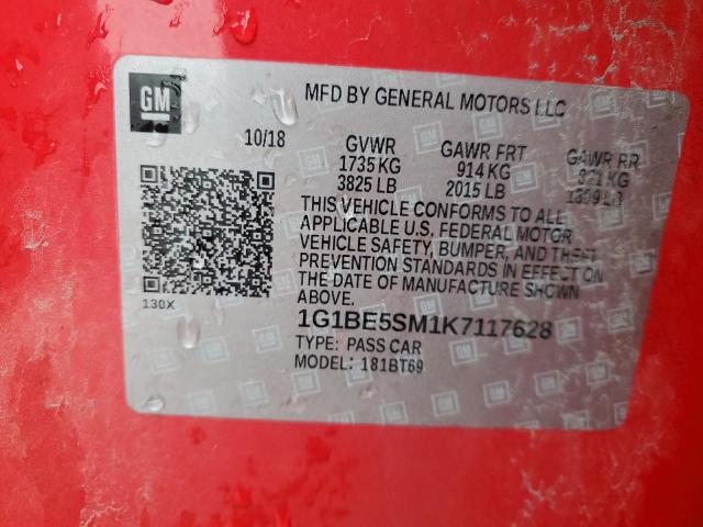 1G1BE5SM1K7117628 - 2019 CHEVROLET CRUZE LT RED photo 12