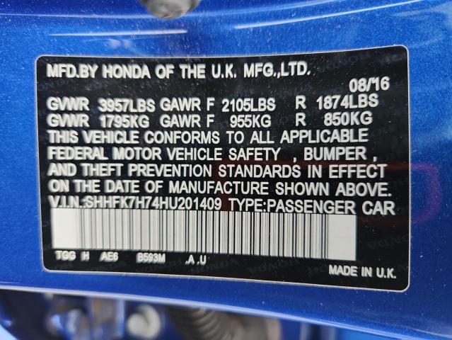 SHHFK7H74HU201409 - 2017 HONDA CIVIC EXL BLUE photo 12