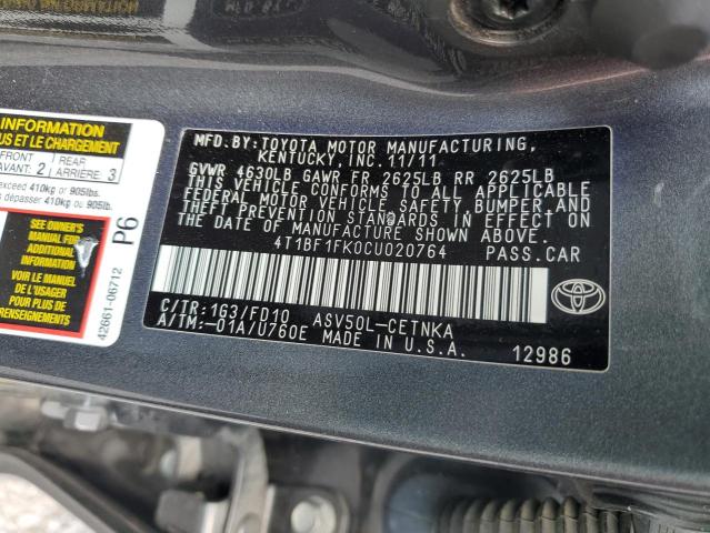 4T1BF1FK0CU020764 - 2012 TOYOTA CAMRY BASE Մոխրագույն լուսանկար 12