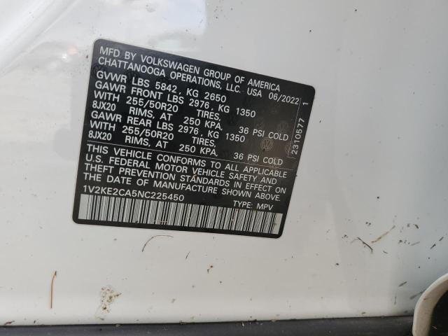 1V2KE2CA5NC225450 - 2022 VOLKSWAGEN ATLAS CROS SE Белый фото 12