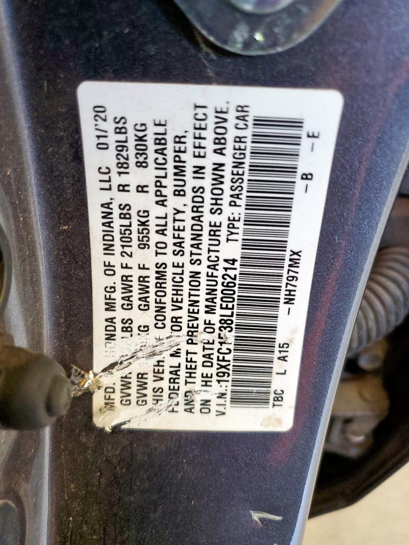 19XFC1F38LE006214 - 2020 HONDA CIVIC EX GRAY photo 12