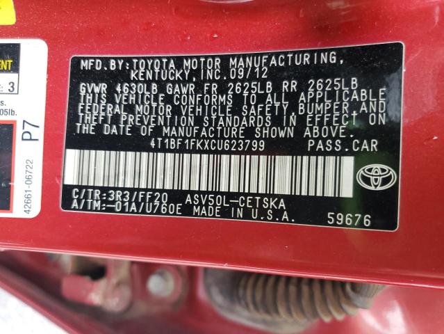 4T1BF1FKXCU623799 - 2012 TOYOTA CAMRY BASE RED photo 13