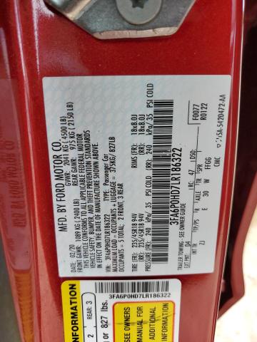 3FA6P0HD7LR186322 - 2020 FORD FUSION SE RED photo 12