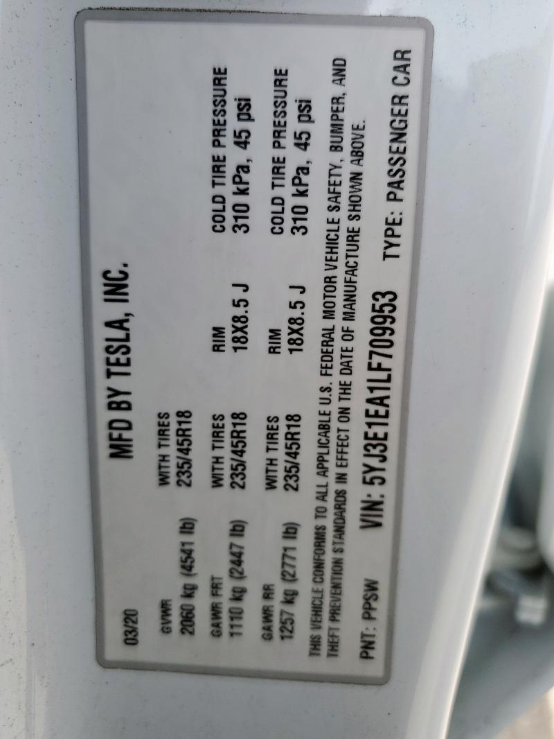 5YJ3E1EA1LF709953 - 2020 TESLA MODEL 3 白色 照片 12