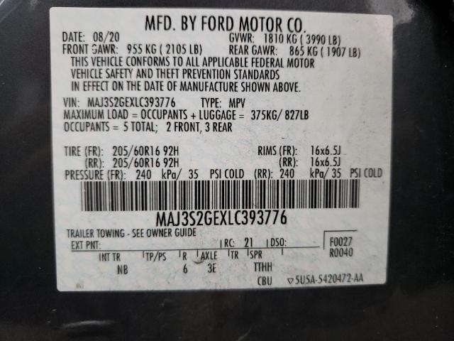 MAJ3S2GEXLC393776 - 2020 FORD ECOSPORT SE GRAY photo 12