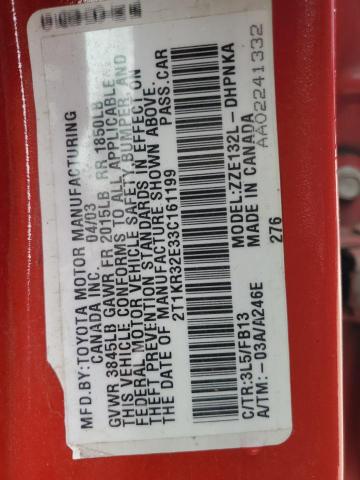 2T1KR32E33C161199 - 2003 TOYOTA COROLLA MA XR RED photo 12
