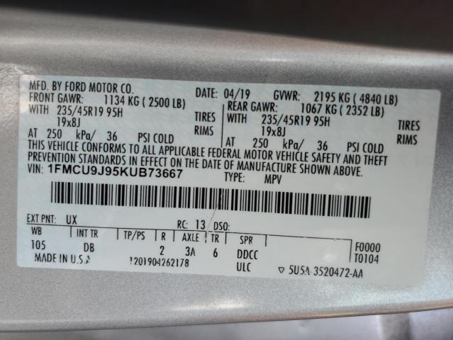 1FMCU9J95KUB73667 - 2019 FORD ESCAPE TITANIUM ვერცხლისფერი ფოტო 13