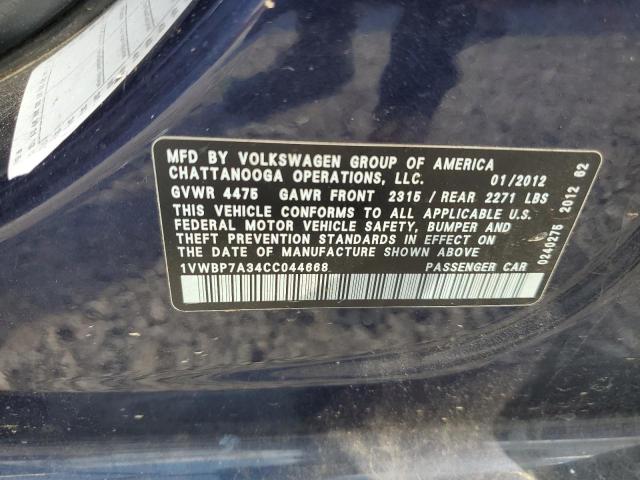 1VWBP7A34CC044668 - 2012 VOLKSWAGEN PASSAT SE BLUE photo 12