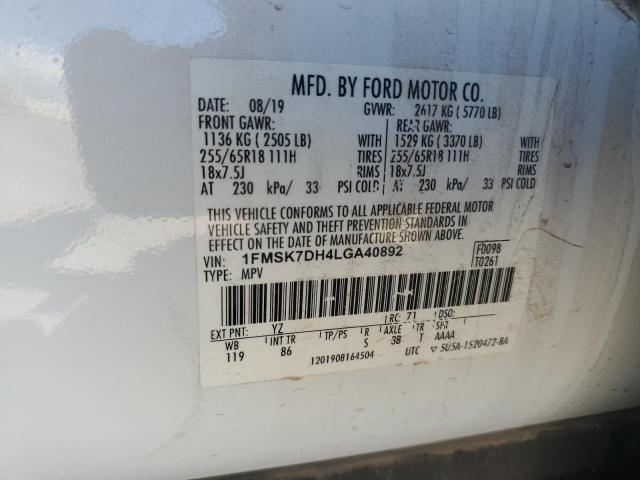 1FMSK7DH4LGA40892 - 2020 FORD EXPLORER XLT თეთრი ფოტო 14