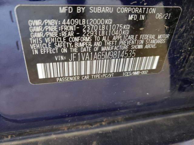 JF1VA1A65M9814535 - 2021 SUBARU WRX BLUE photo 13