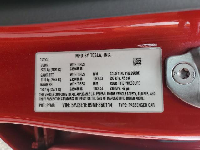 5YJ3E1EB9MF860114 - 2021 TESLA MODEL 3 Kırmızı fotoğraf 12