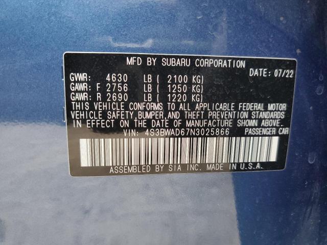 4S3BWAD67N3025866 - 2022 SUBARU LEGACY PREMIUM BLUE photo 12