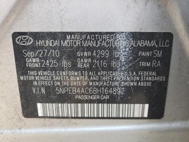 5NPEB4AC6BH164892 - 2011 HYUNDAI SONATA GLS SILVER photo 12