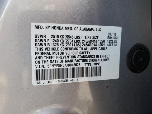 5FNYF5H57JB013023 - 2018 HONDA PILOT EXL Сріблястий фото 13